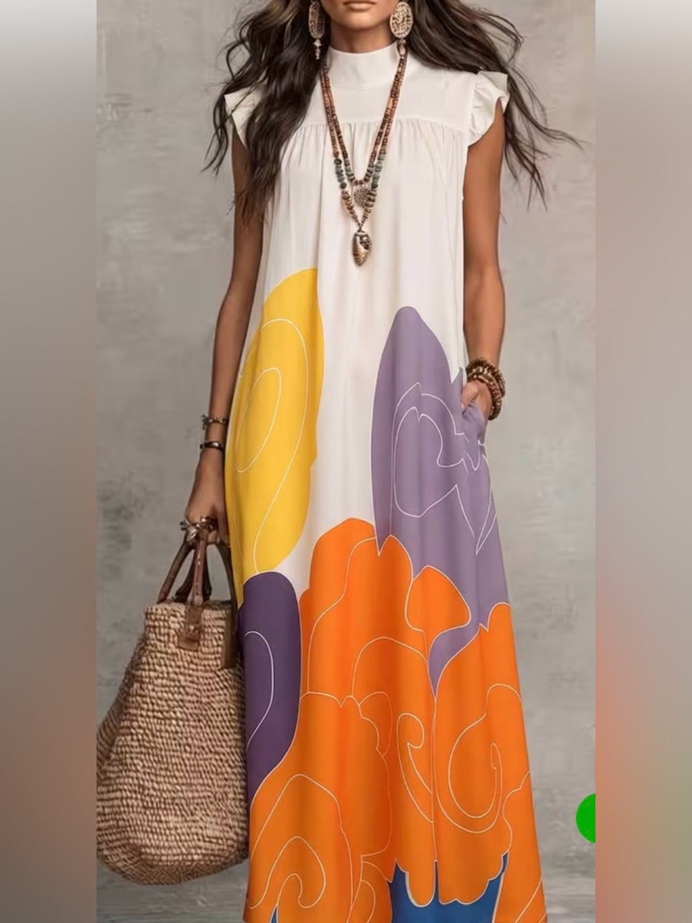 Bohemian Colorblock Floral Maxi Dress - White with Orange & Purple